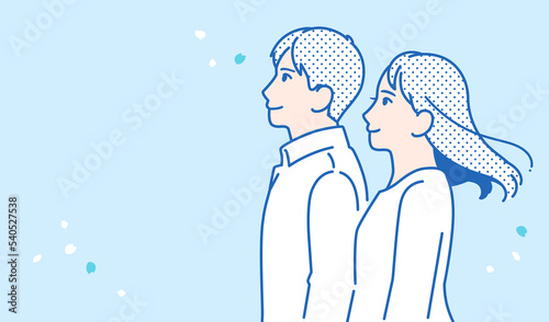 未来を見つめる若い男女のシンプルなベクターイラスト素材