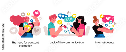 Modern social media problems, peculiarities and differences. Concept business illustrations. Internet and gadget addiction