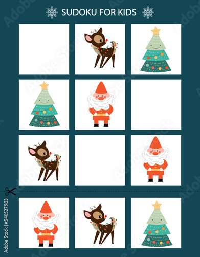Sudoku game for kids. Set of cute Christmas characters: Santa, deer, Christmas tree