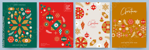 Merry Christmas and Happy New Year Set of greeting cards, posters, holiday covers. Modern Xmas design with geometric pattern in green, red, gold, white colors. Christmas tree, balls, stars, snowflakes