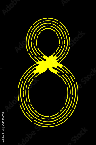 Number 8 from yellow dotted lines isolated on black background. Design element