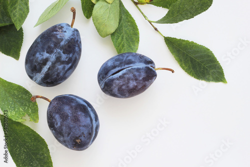 Plums with leaves on a white background. Top view.