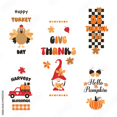 Thanksgiving Set. Celebration quotes with vector cartoon illustration. Autumn concept.
