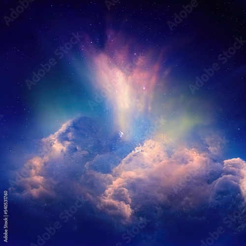 Heavenly light. Celestial blessing. Illuminated clouds multicolor skies. Vignette halo radiance glow