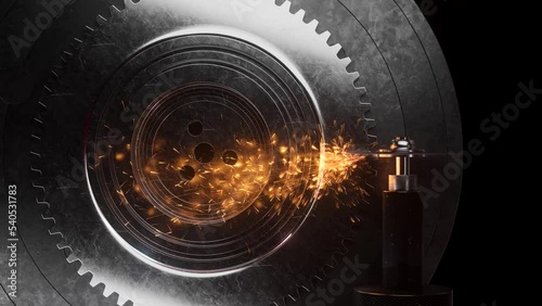 Removing the chamfer of the gear wheel. Metal processing on the machine. 3d render