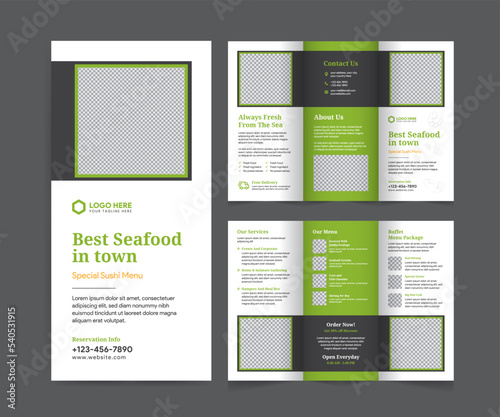 Modern food tri-fold brochure and menu design template. Tri-fold restaurant food menu brochure design template. Modern seafood menu design trifold brochure design.
