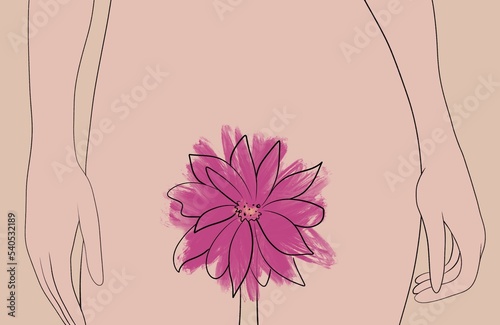 horizontal illustration. a pink flower in the inguinal zone of a woman, symbolizing the female vagina. concept of femininity, sexuality and fertility photo