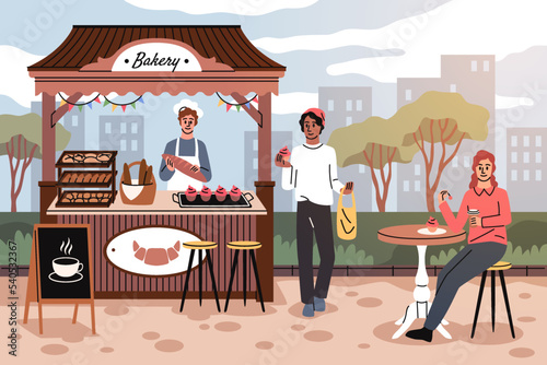 Baking street kiosk. Fresh homemade bread, cupcakes and baguette, cartoon seller, happy buyers, street market and cafe, man and woman have breakfast outdoors, tidy vector cartoon concept