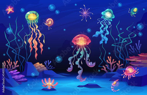 Cartoon jellyfish background. Ocean deep water life, glowing creatures on seabed, underwater marine transparent bright animals, plankton and shrimp, tropical sea algae, tidy vector concept