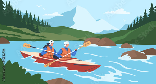 Extreme people. Rafting and kayaking sport, couple in boat, stormy river, adrenaline release, canoeing athletes, man and woman with oars, active leisure nowaday vector cartoon concept
