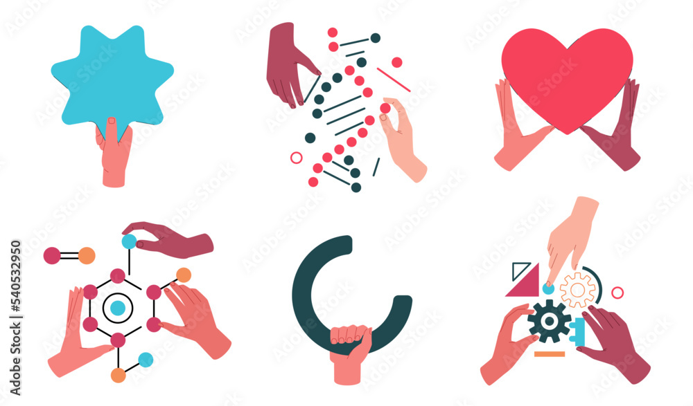 Hands holding geometric shapes. Human multinacional arms with different abstract figures, creative solving puzzles, dna molecules, heart and gears, teamwork concept, nowaday vector set Hands holding geometric shapes. Human multinacional arms with different abstract figures, creative solving puzzles, dna molecules, heart and gears, teamwork concept, nowaday vector set