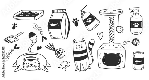 Pet cat salon care tool line sketch design element abstract set. Vector graphic design illustration