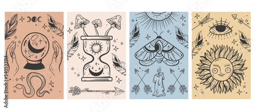 Magic tarot art boho style mystic cover poster cards concept. Graphic design element vector illustration set