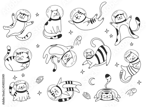 Space astronaut space cute cat pet line art isolated concept set. Vector graphic design element illustration