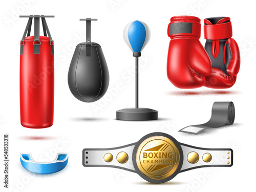 Realistic boxing set. Professional fighting sport accessories, champions belt, gloves, punching bags and mouth guard, sportswear for punch workout, 3d isolated objects, utter vector set