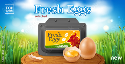 Realistic eggs poster. Cardboard packaging, farm fresh product, natural diet food, green grass, wooden cutting board, closed box, whole and broken egg, advertising promo utter vector concept