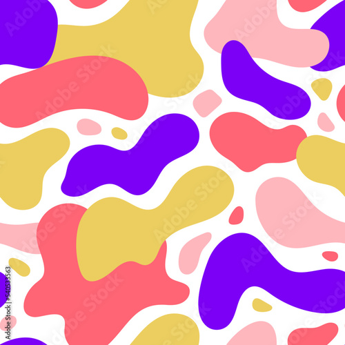 Liquid forms seamless background. Fluid elements repeating wallpaper. Organic blobs backdrop in yellow, purple and red. Modern texture