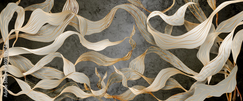 Abstract art background with leaves or fabric in beige and white color in gold line art style. Vector watercolor banner with exotic plants for decoration, print, textile, wallpaper.