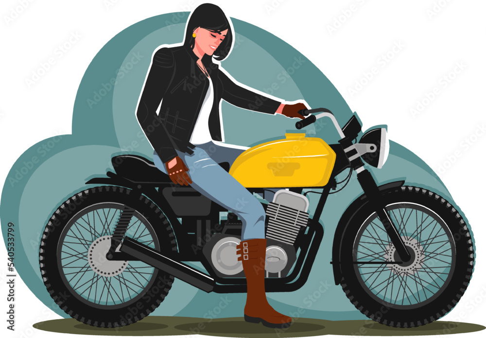 A biker girl in a black jacket sitting on a motorcycle. Concept of a woman on a bike in flat style. Stock vector illustration.