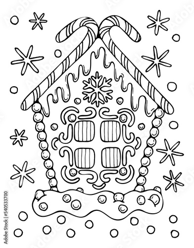 Christmas gingerbread house vector coloring page. Holiday sweets, lollipops, candies, cookies, stars. Hand drawn line art winter illustration. Happy holiday.