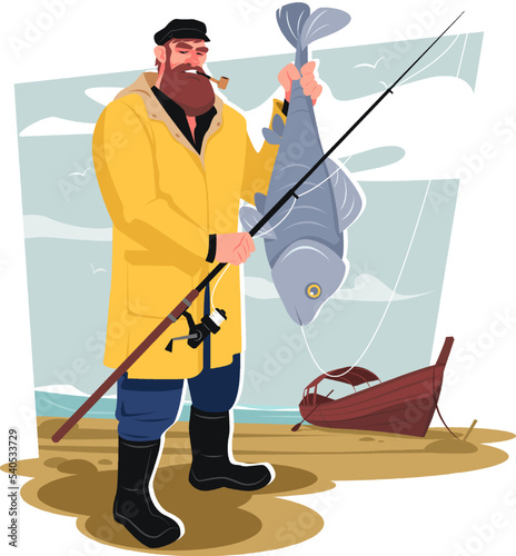 A man fishing with a fishing rod and a fish in his hand returned by boat from the sea. Recreational concept, fishing in the ocean, catch. Stock vector illustration.