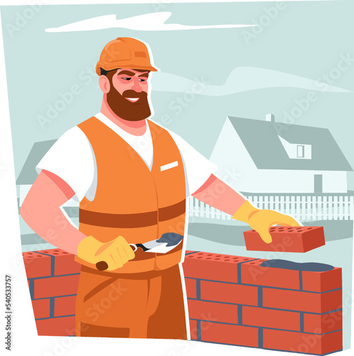 A male builder in uniform uses a trowel to build a brick wall. The concept of construction work, building houses, building homes in a flat style. Stock vector illustration