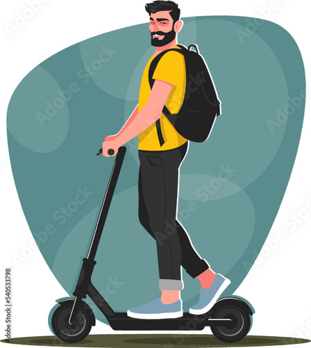A young man in a yellow T-shirt and with a backpack rides an electric scooter. The concept of an ecological mode of transport in the city. Stock vector illustration
