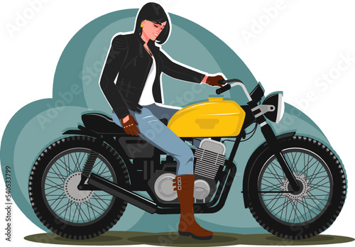 A biker girl in a black jacket sitting on a motorcycle. Concept of a woman on a bike in flat style. Stock vector illustration.