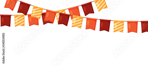Thanksgiving bunting. Orange, red and yellow flag garland. Autumn holidays party decoration. Fall pennants chain.Celebration cartoon flags for decor. Footer and banner background