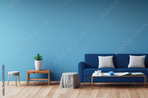 Minimalistic living room interior with blue walls, a wooden floor, a soft blue and silver armchair and a tiny coffee table. 3d rendering mock up toned image