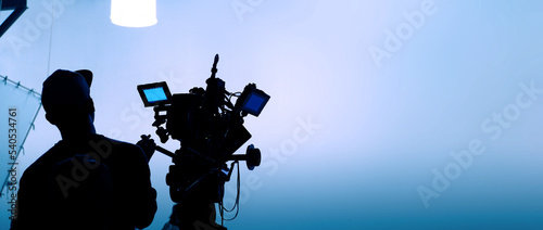 Video or film production studio used in shooting videography or photography and photo sets. Professional movie camera and film crew team making film scenes for cinema TV or online advertising works.