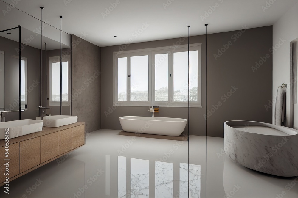Modern bathroom interior with beige walls, marble basin with double ...