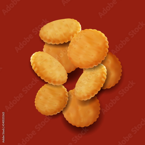 Realistic Detailed 3d Round Saltine Cracker Set Snack Food on a Red Background. Vector illustration of Crackers