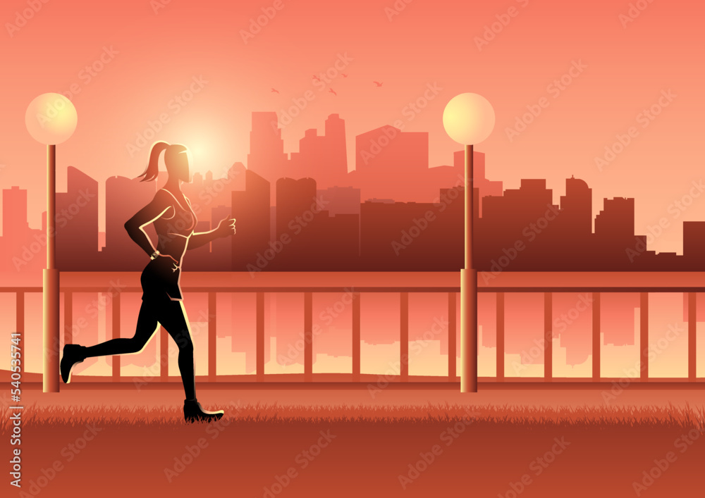 Female figure jogging with cityscape as the background