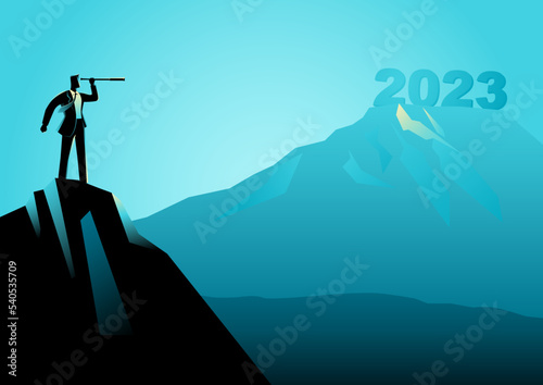 Businessman looking at the fuzziness of the year 2023 through telescope