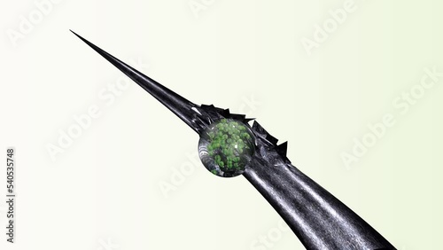 Damaged, broken or split ends close up. A transparent molecule or a drop of water or balm with small green particles restores damaged hair. Natural, ecological cosmetics, medicine or hair product.