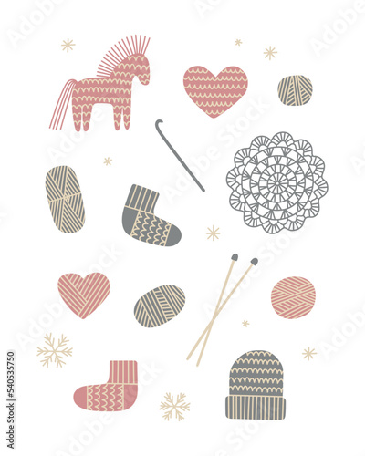 Vector winter knitting set. Hand drawn crocheted toy horse, doily, skeins of thread, crochet hooks, knitted hat, sock and heart shape decor. Isolated on white background