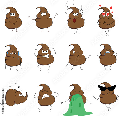 Cute poop emoticons. Emoji vector illustration set. Funny poops
