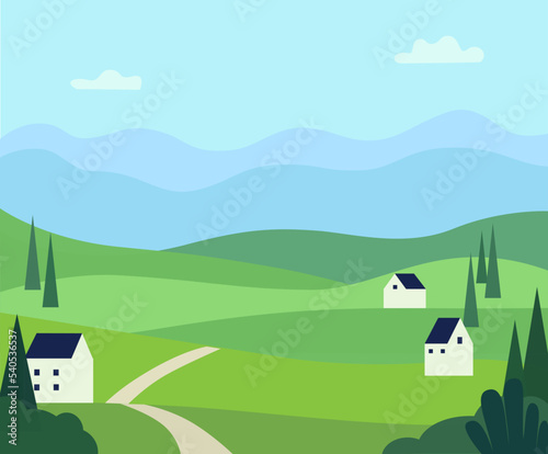 Nature country landscape with homes, green meadows, mountains. Natural rustic scene. Vector illustration with flat cartoon style.