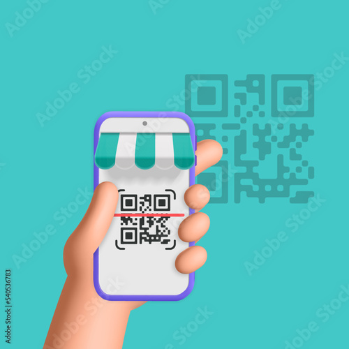 3d vector cartoon plastic render female hand holds smartphone and scans qr code for online payment, money transaction on mobile app. Digital marketing, online purchase on website, verification concept