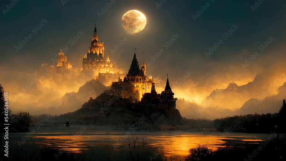 Illustration of a beautiful ancient castle illuminated by the moon. 3d rendering. Raster illustration.