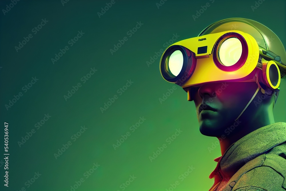 Image of a cyborg man in a protective helmet. 3D rendering. Raster illustration.