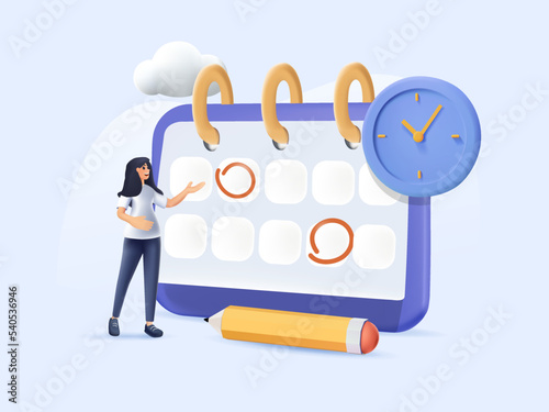 3D Business management illustration set. Characters planning work tasks, managing making schedule using calendar. Time