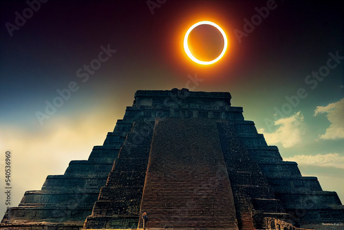 Eclipse over a Mayan temple illustration photo