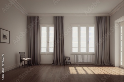 Classic empty interior with white wall, wood floor, window and curtain. 3D render illustration.