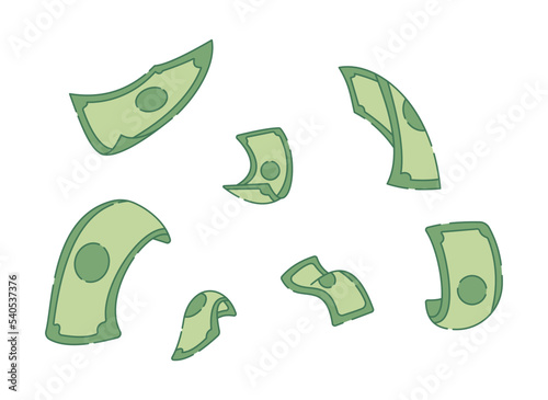 Illustration of flying money. Money falling from sky. Isolated on white background.