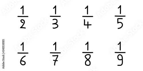 Unit fraction number. Half, third, quarter, fifth, sixth, seventh, eighth, ninth, tenth. Numerator, denominator and fraction bar. Vector illustration isolated on white background.