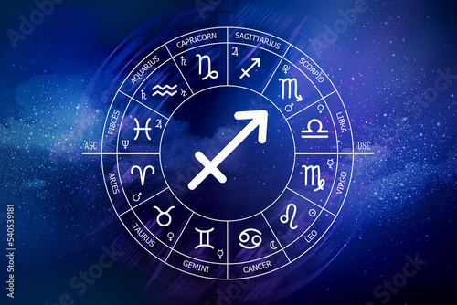 Sagittarius zodiac sign. Abstract night sky background. Sagittarius icon on blue space background