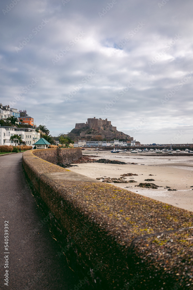 Beautiful view of Mont Orgueil Castle on the cliff
