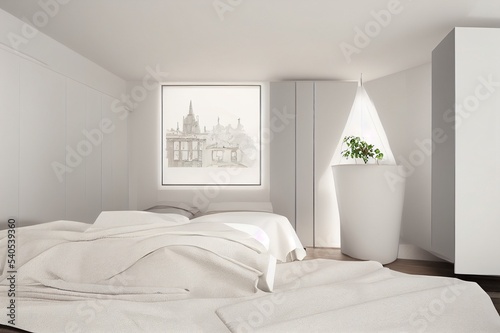 White bedroom interior. Scandinavian design. 3D illustration © 2rogan